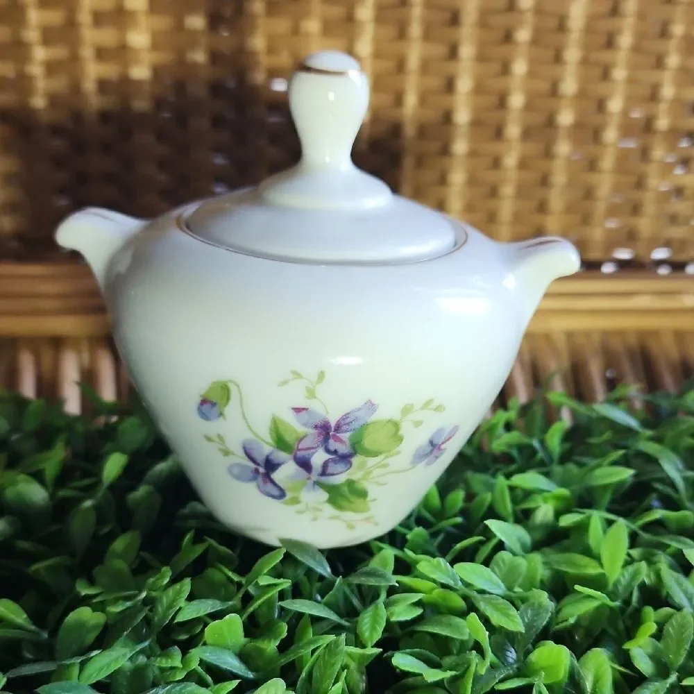 Vintage Small Sugar Bowl with Violets & Gold Tone Accents made In Japan Coquette